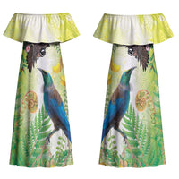 New Zealand Maori Mahuru Couples Matching Off Shoulder Maxi Dress and Long Sleeve Button Shirt Tui With Pikawakawa Spring Colors LT7 - Polynesian Pride
