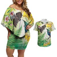 New Zealand Maori Mahuru Couples Matching Off Shoulder Short Dress and Hawaiian Shirt Tui With Pikawakawa Spring Colors LT7 Multicolor - Polynesian Pride