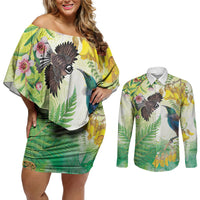 New Zealand Maori Mahuru Couples Matching Off Shoulder Short Dress and Long Sleeve Button Shirt Tui With Pikawakawa Spring Colors LT7 Multicolor - Polynesian Pride