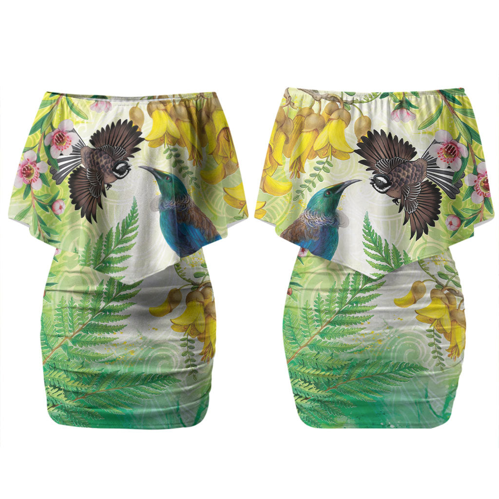 New Zealand Maori Mahuru Couples Matching Off Shoulder Short Dress and Long Sleeve Button Shirt Tui With Pikawakawa Spring Colors LT7 - Polynesian Pride