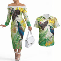 New Zealand Maori Mahuru Couples Matching Off The Shoulder Long Sleeve Dress and Hawaiian Shirt Tui With Pikawakawa Spring Colors LT7 Multicolor - Polynesian Pride