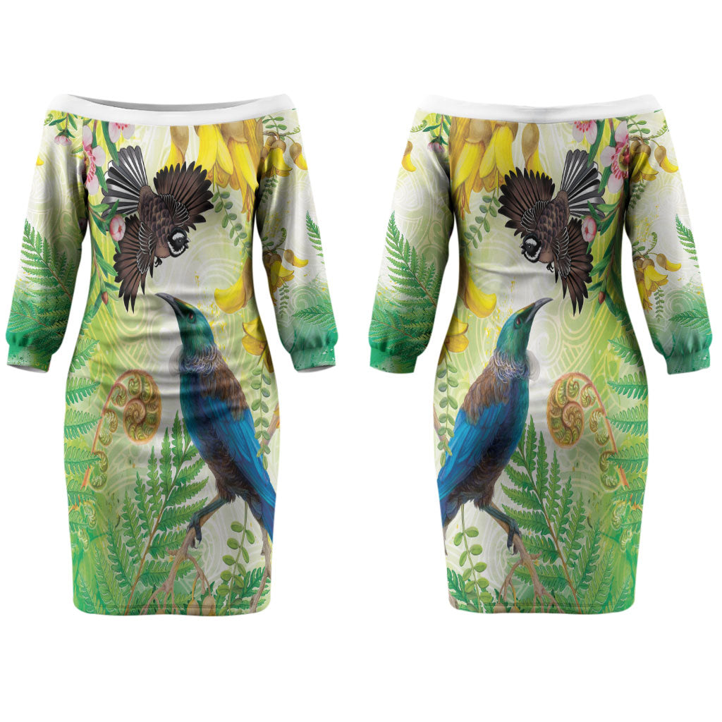 New Zealand Maori Mahuru Couples Matching Off The Shoulder Long Sleeve Dress and Hawaiian Shirt Tui With Pikawakawa Spring Colors LT7 - Polynesian Pride