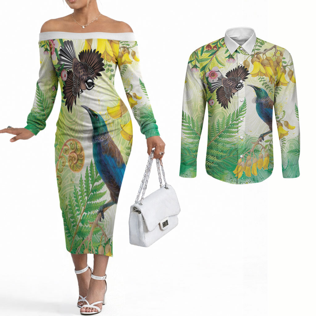 New Zealand Maori Mahuru Couples Matching Off The Shoulder Long Sleeve Dress and Long Sleeve Button Shirt Tui With Pikawakawa Spring Colors LT7 Multicolor - Polynesian Pride