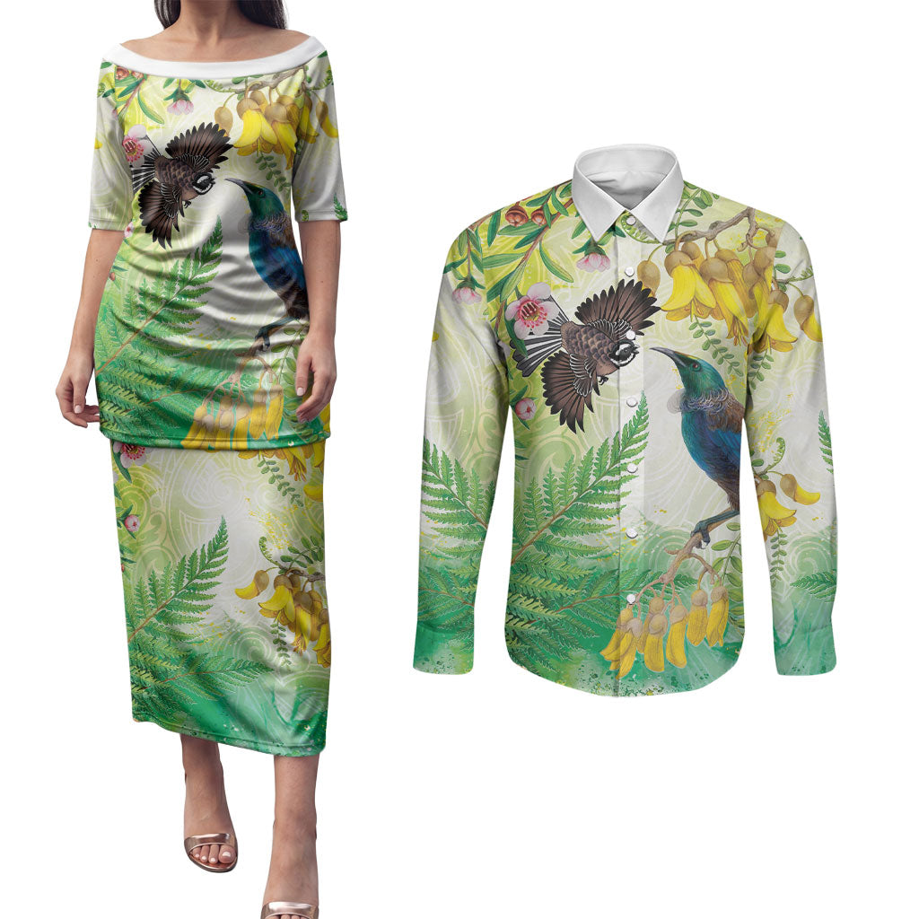 New Zealand Maori Mahuru Couples Matching Puletasi and Long Sleeve Button Shirt Tui With Pikawakawa Spring Colors LT7 Multicolor - Polynesian Pride