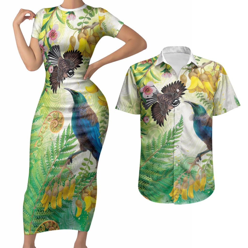New Zealand Maori Mahuru Couples Matching Short Sleeve Bodycon Dress and Hawaiian Shirt Tui With Pikawakawa Spring Colors LT7 Multicolor - Polynesian Pride