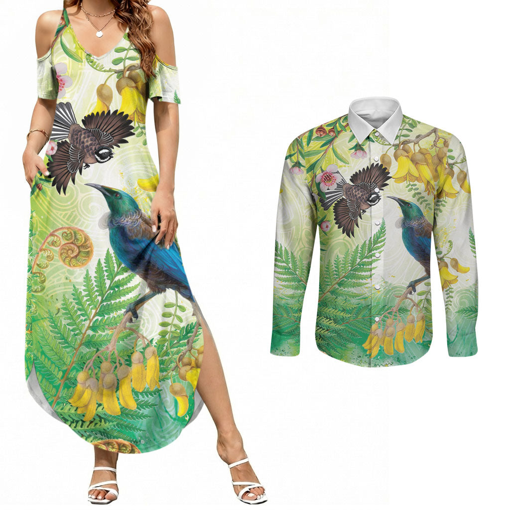 New Zealand Maori Mahuru Couples Matching Summer Maxi Dress and Long Sleeve Button Shirt Tui With Pikawakawa Spring Colors LT7 Multicolor - Polynesian Pride