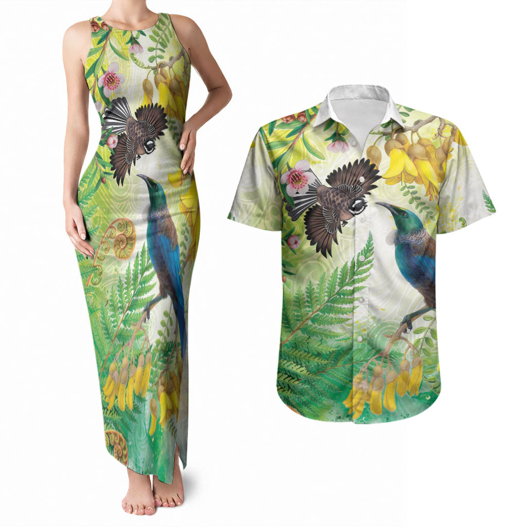 New Zealand Maori Mahuru Couples Matching Tank Maxi Dress and Hawaiian Shirt Tui With Pikawakawa Spring Colors LT7 Multicolor - Polynesian Pride