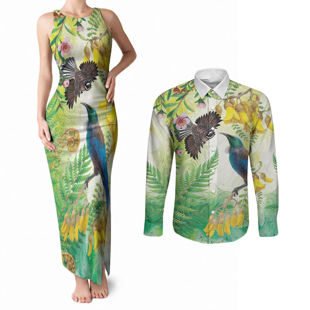 New Zealand Maori Mahuru Couples Matching Tank Maxi Dress and Long Sleeve Button Shirt Tui With Pikawakawa Spring Colors LT7 Multicolor - Polynesian Pride