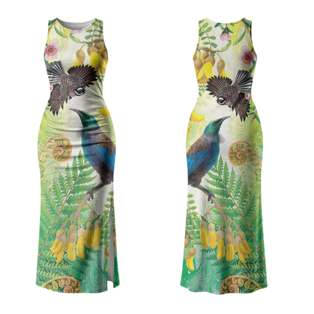 New Zealand Maori Mahuru Couples Matching Tank Maxi Dress and Long Sleeve Button Shirt Tui With Pikawakawa Spring Colors LT7 - Polynesian Pride