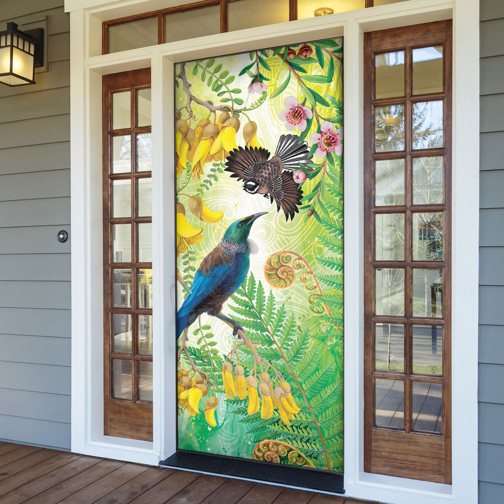 New Zealand Maori Mahuru Door Cover Tui With Pikawakawa Spring Colors LT7 - Polynesian Pride