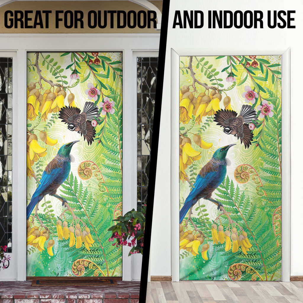 New Zealand Maori Mahuru Door Cover Tui With Pikawakawa Spring Colors LT7 - Polynesian Pride