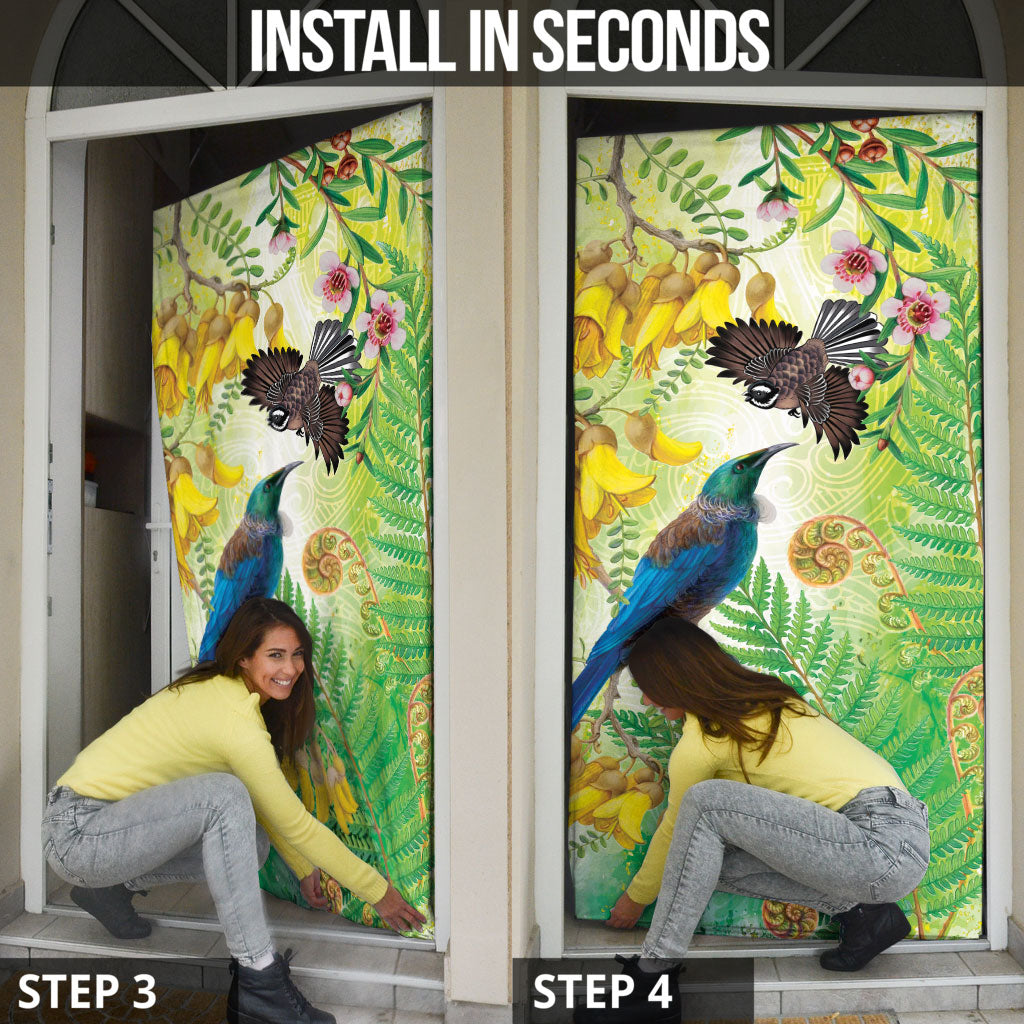 New Zealand Maori Mahuru Door Cover Tui With Pikawakawa Spring Colors LT7 - Polynesian Pride