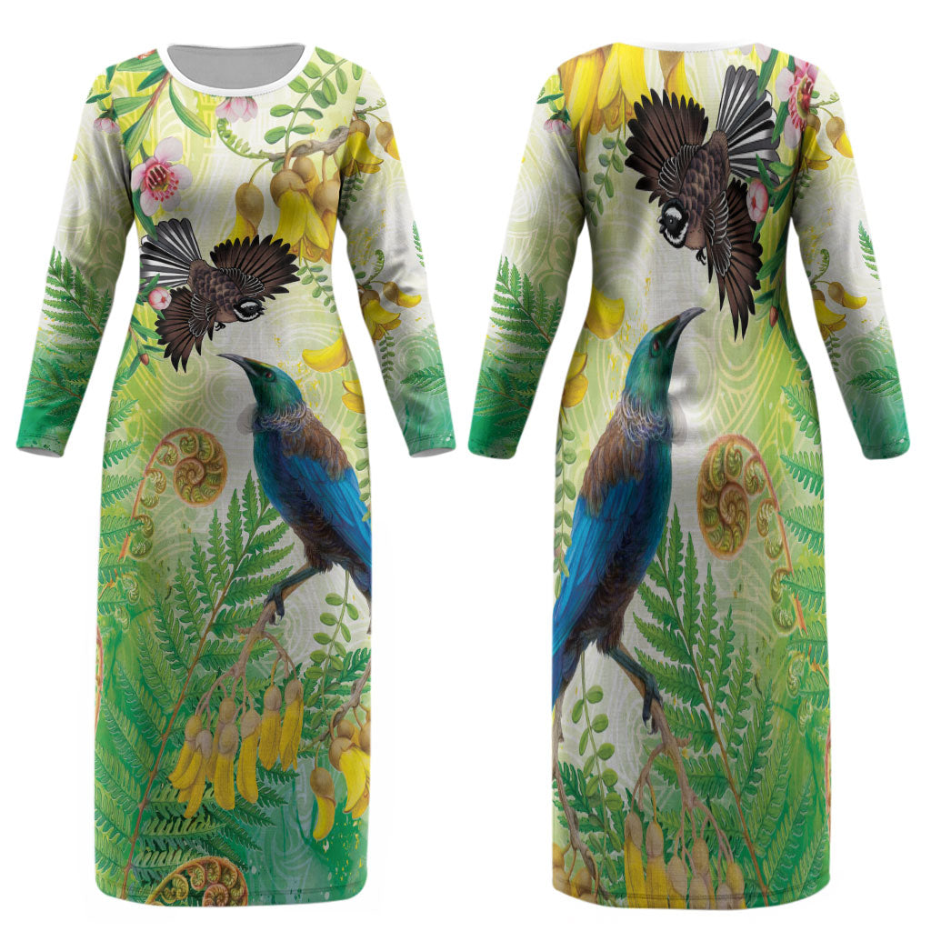 New Zealand Maori Mahuru Family Matching Long Sleeve Bodycon Dress and Hawaiian Shirt Tui With Pikawakawa Spring Colors LT7 Mom's Dress Multicolor - Polynesian Pride