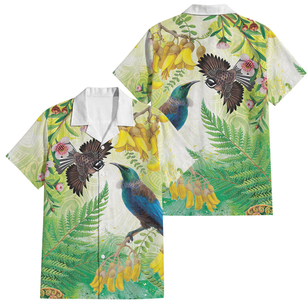 New Zealand Maori Mahuru Family Matching Long Sleeve Bodycon Dress and Hawaiian Shirt Tui With Pikawakawa Spring Colors LT7 Dad's Shirt - Short Sleeve Multicolor - Polynesian Pride