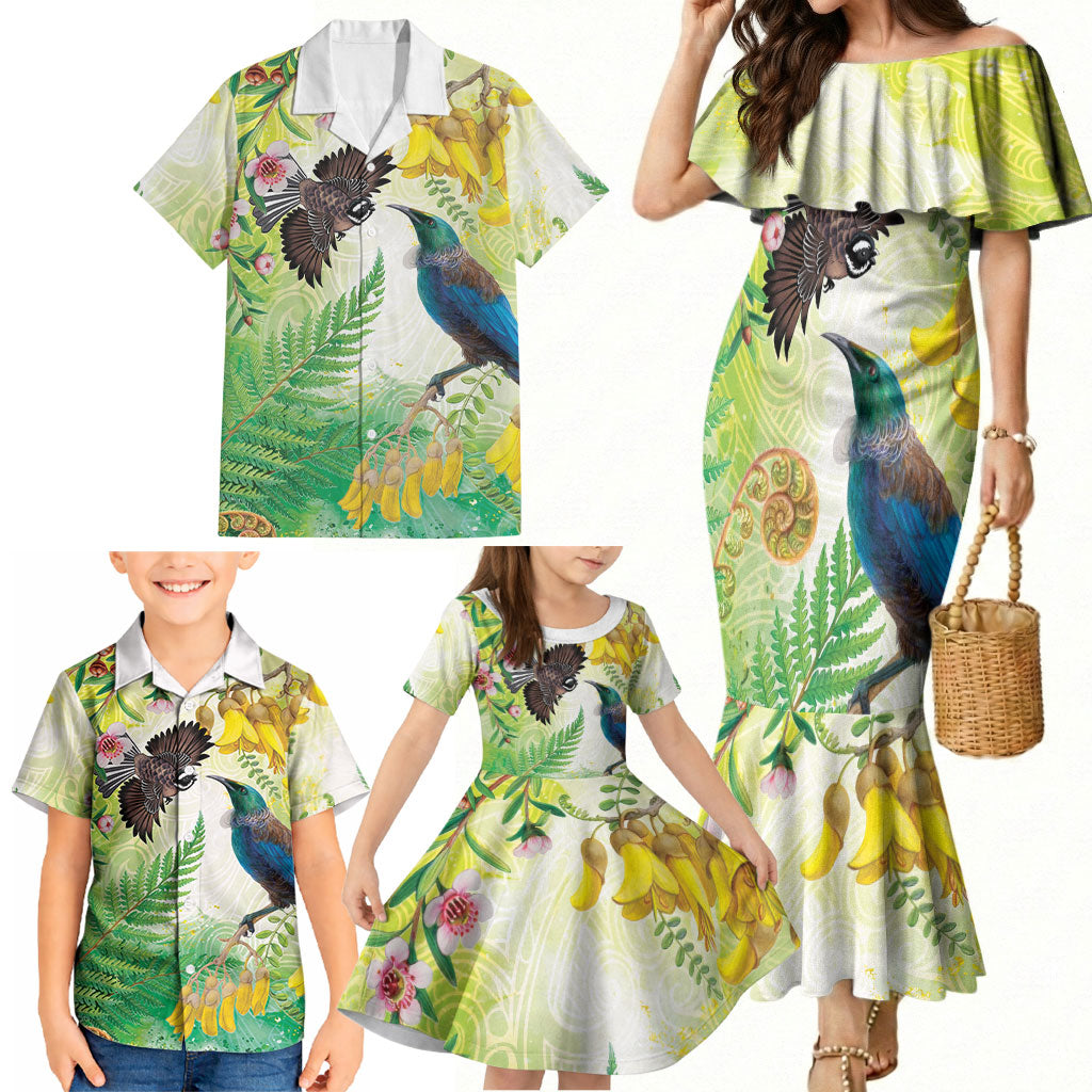 New Zealand Maori Mahuru Family Matching Mermaid Dress and Hawaiian Shirt Tui With Pikawakawa Spring Colors LT7 - Polynesian Pride
