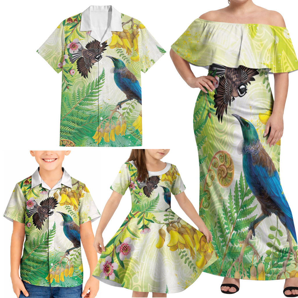 New Zealand Maori Mahuru Family Matching Off Shoulder Maxi Dress and Hawaiian Shirt Tui With Pikawakawa Spring Colors LT7 - Polynesian Pride