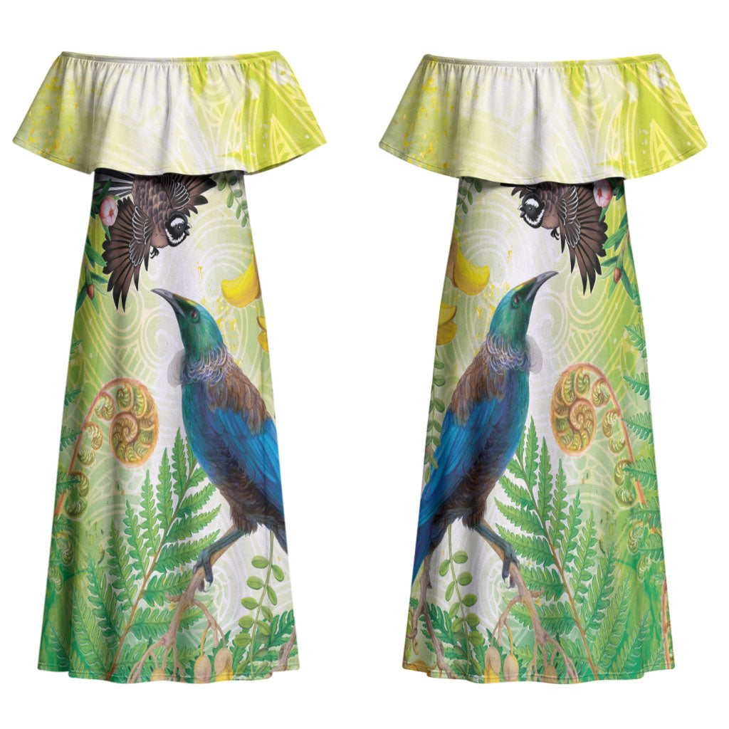 New Zealand Maori Mahuru Family Matching Off Shoulder Maxi Dress and Hawaiian Shirt Tui With Pikawakawa Spring Colors LT7 Mom's Dress Multicolor - Polynesian Pride