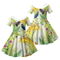 New Zealand Maori Mahuru Family Matching Off Shoulder Short Dress and Hawaiian Shirt Tui With Pikawakawa Spring Colors LT7 Daughter's Dress Multicolor - Polynesian Pride