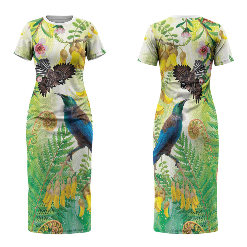 New Zealand Maori Mahuru Family Matching Short Sleeve Bodycon Dress and Hawaiian Shirt Tui With Pikawakawa Spring Colors LT7 Mom's Dress Multicolor - Polynesian Pride