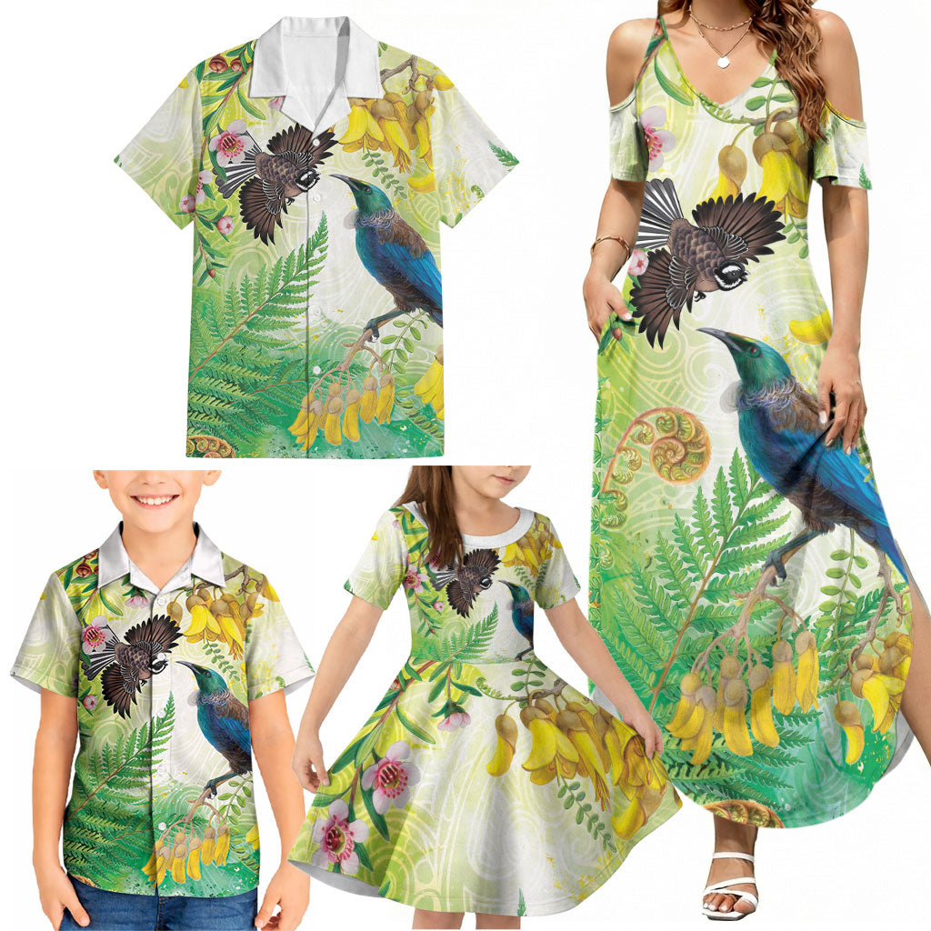 New Zealand Maori Mahuru Family Matching Summer Maxi Dress and Hawaiian Shirt Tui With Pikawakawa Spring Colors LT7 - Polynesian Pride