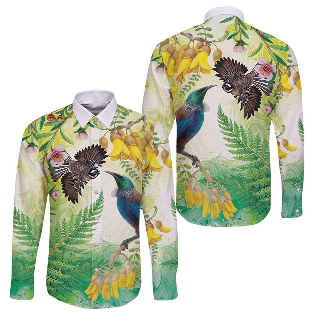 New Zealand Maori Mahuru Family Matching Summer Maxi Dress and Hawaiian Shirt Tui With Pikawakawa Spring Colors LT7 Dad's Shirt - Long Sleeve Multicolor - Polynesian Pride
