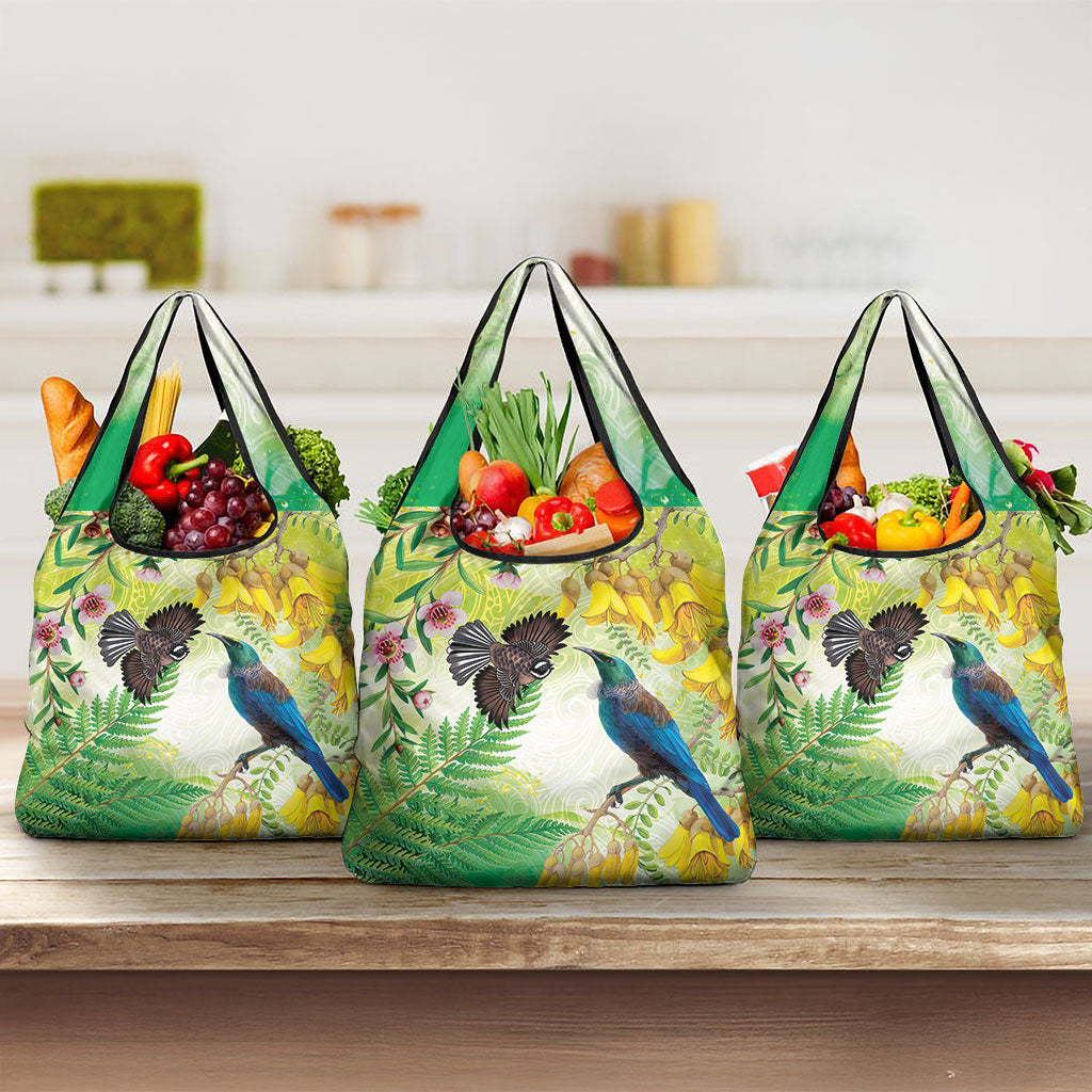 New Zealand Maori Mahuru Grocery Bag Tui With Pikawakawa Spring Colors LT7 3-pack One Size Multicolor - Polynesian Pride