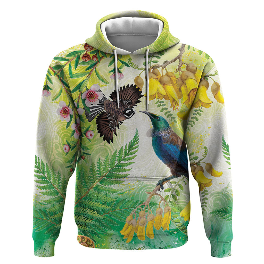 New Zealand Maori Mahuru Hoodie Tui With Pikawakawa Spring Colors LT7 Pullover Hoodie Multicolor - Polynesian Pride