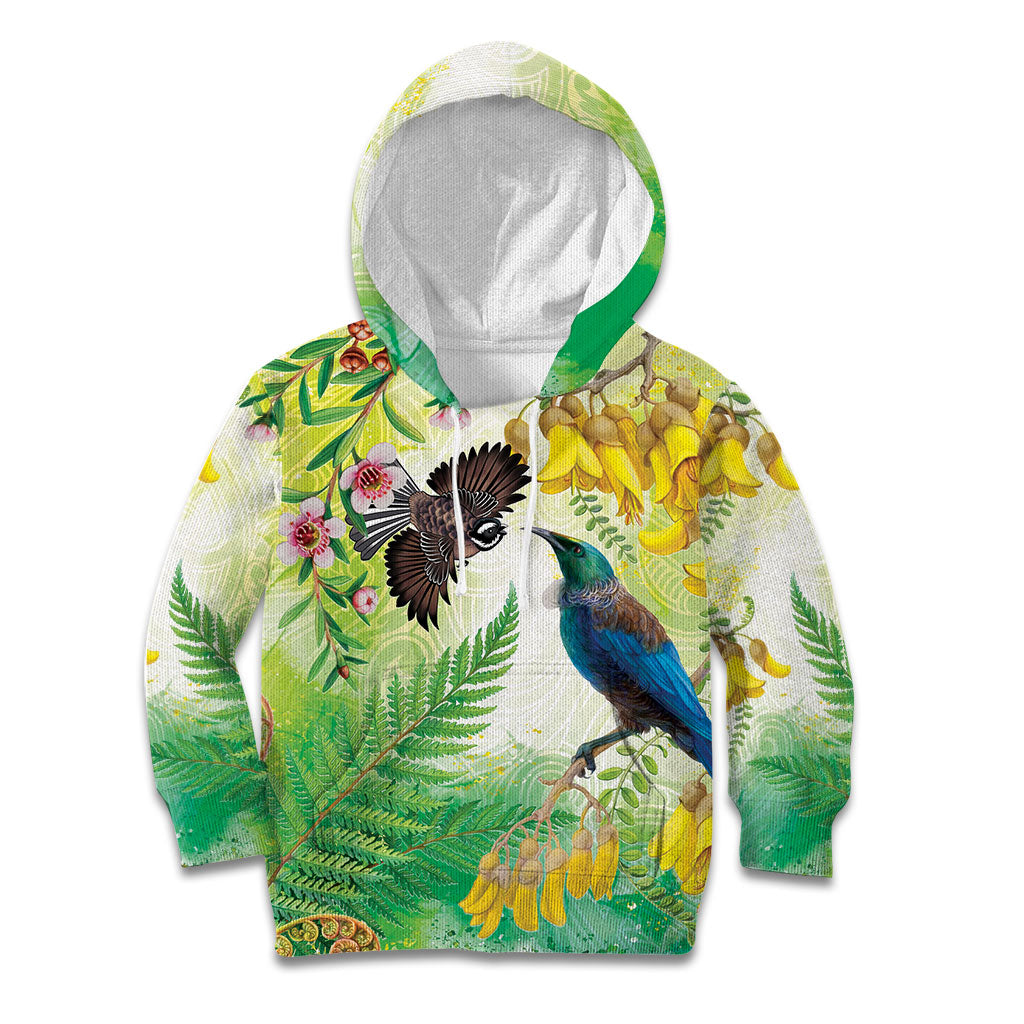 New Zealand Maori Mahuru Kid Hoodie Tui With Pikawakawa Spring Colors LT7 Hoodie Multicolor - Polynesian Pride