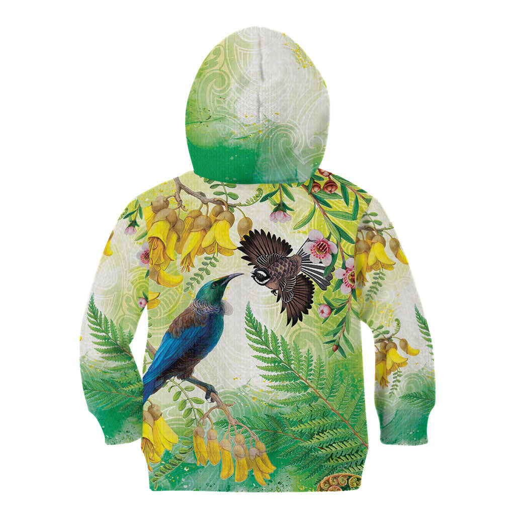 New Zealand Maori Mahuru Kid Hoodie Tui With Pikawakawa Spring Colors LT7 - Polynesian Pride