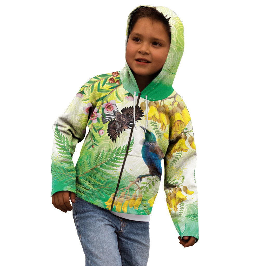 New Zealand Maori Mahuru Kid Hoodie Tui With Pikawakawa Spring Colors LT7 - Polynesian Pride