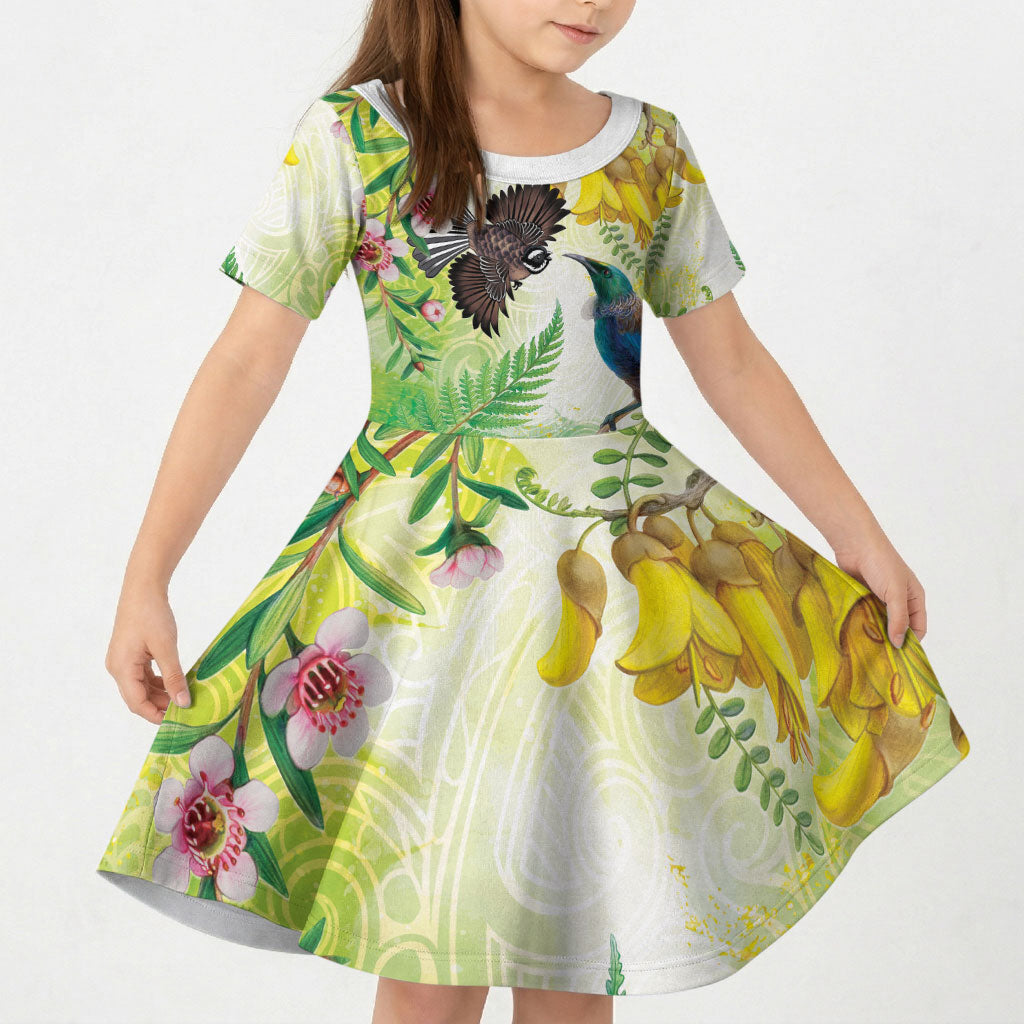 New Zealand Maori Mahuru Kid Short Sleeve Dress Tui With Pikawakawa Spring Colors LT7 KID Multicolor - Polynesian Pride
