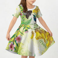 New Zealand Maori Mahuru Kid Short Sleeve Dress Tui With Pikawakawa Spring Colors LT7 KID Multicolor - Polynesian Pride