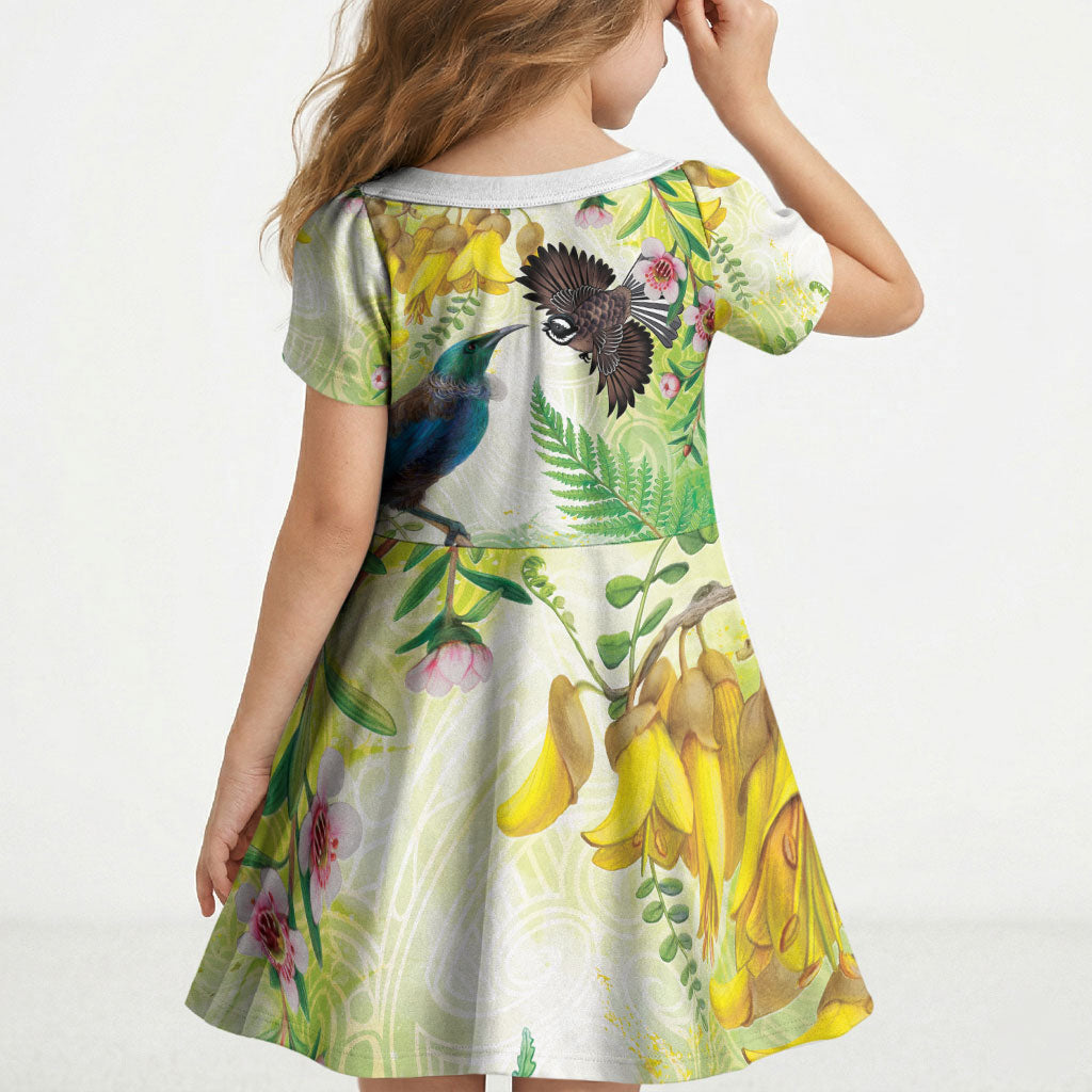 New Zealand Maori Mahuru Kid Short Sleeve Dress Tui With Pikawakawa Spring Colors LT7 - Polynesian Pride