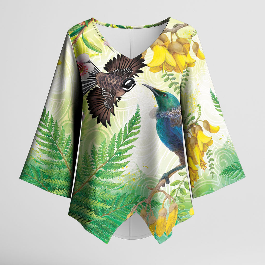 New Zealand Maori Mahuru Kimono Sleeve Blouse Tui With Pikawakawa Spring Colors LT7 Female Multicolor - Polynesian Pride