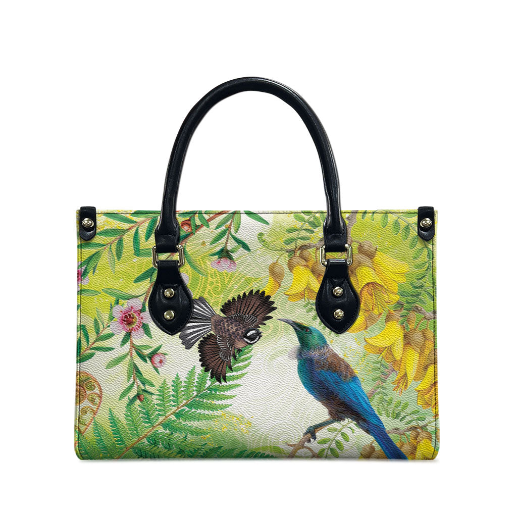 New Zealand Maori Mahuru Leather Bag Tui With Pikawakawa Spring Colors LT7 - Polynesian Pride
