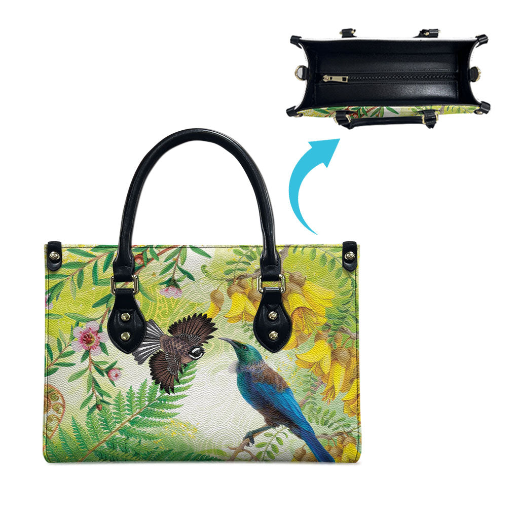 New Zealand Maori Mahuru Leather Bag Tui With Pikawakawa Spring Colors LT7 - Polynesian Pride