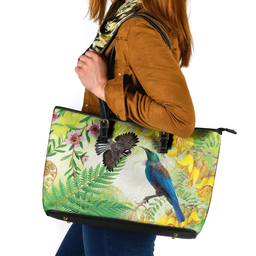 New Zealand Maori Mahuru Leather Tote Bag Tui With Pikawakawa Spring Colors LT7 Multicolor - Polynesian Pride
