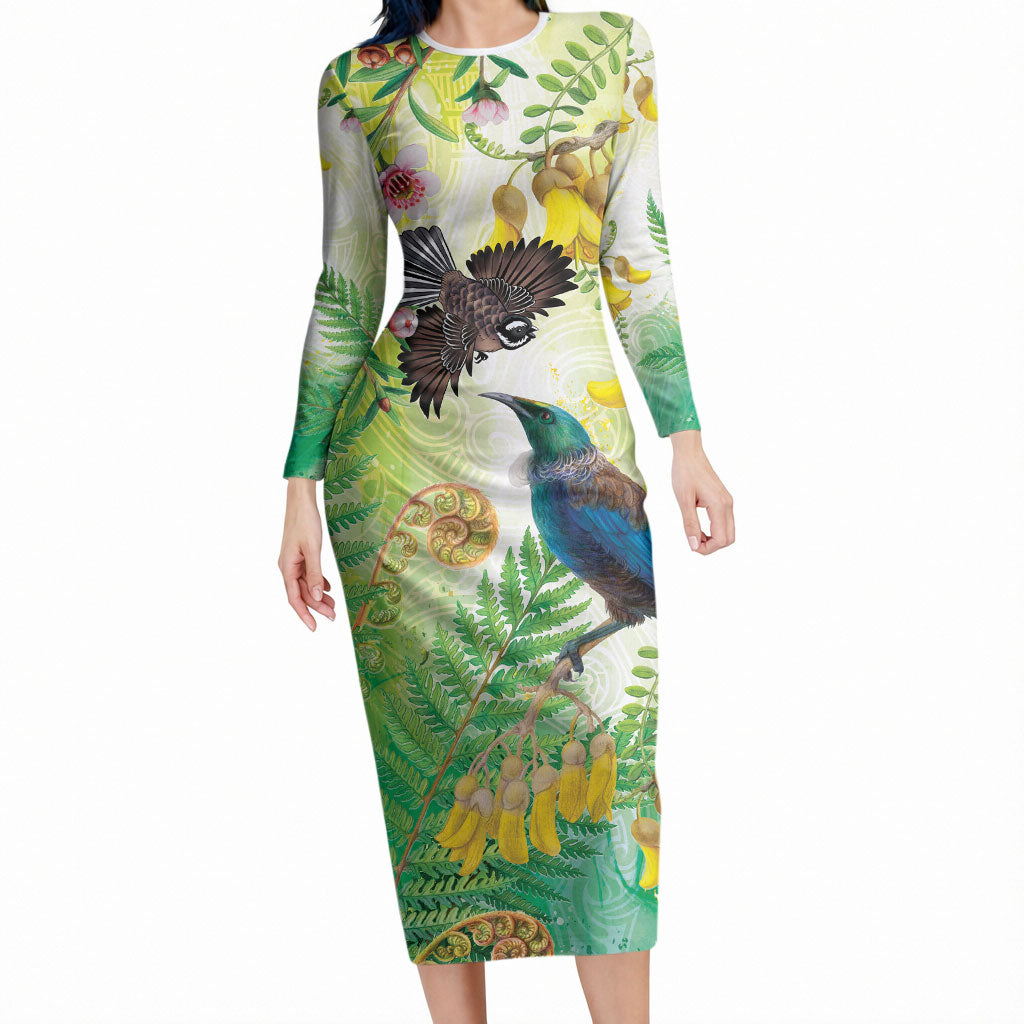 New Zealand Maori Mahuru Long Sleeve Bodycon Dress Tui With Pikawakawa Spring Colors LT7 Long Dress Multicolor - Polynesian Pride