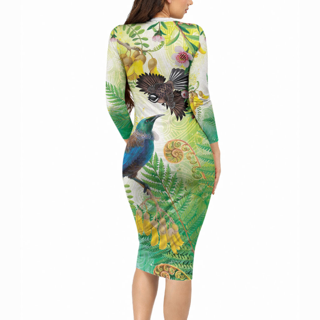 New Zealand Maori Mahuru Long Sleeve Bodycon Dress Tui With Pikawakawa Spring Colors LT7 - Polynesian Pride