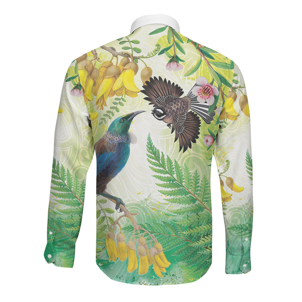 New Zealand Maori Mahuru Long Sleeve Button Shirt Tui With Pikawakawa Spring Colors LT7 - Polynesian Pride