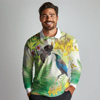 New Zealand Maori Mahuru Long Sleeve Polo Shirt Tui With Pikawakawa Spring Colors LT7 - Polynesian Pride