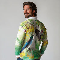 New Zealand Maori Mahuru Long Sleeve Polo Shirt Tui With Pikawakawa Spring Colors LT7 - Polynesian Pride