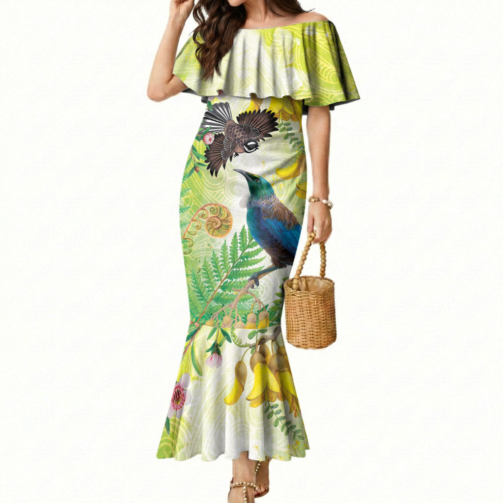 New Zealand Maori Mahuru Mermaid Dress Tui With Pikawakawa Spring Colors LT7 Women Multicolor - Polynesian Pride