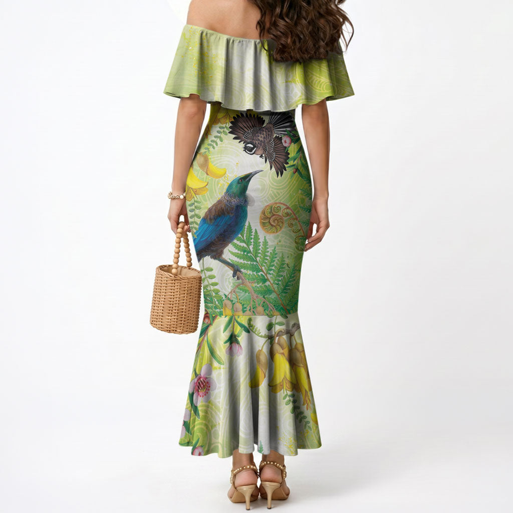 New Zealand Maori Mahuru Mermaid Dress Tui With Pikawakawa Spring Colors LT7 - Polynesian Pride