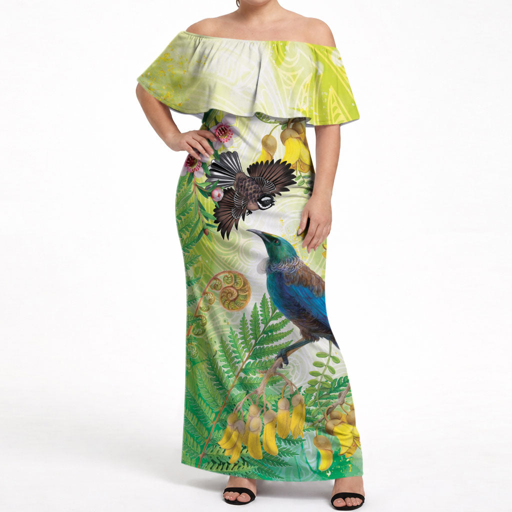 New Zealand Maori Mahuru Off Shoulder Maxi Dress Tui With Pikawakawa Spring Colors LT7 Women Multicolor - Polynesian Pride