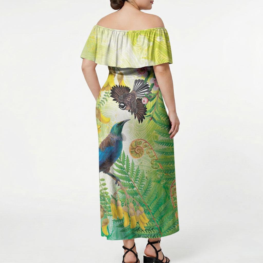 New Zealand Maori Mahuru Off Shoulder Maxi Dress Tui With Pikawakawa Spring Colors LT7 - Polynesian Pride