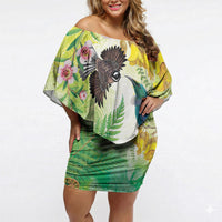 New Zealand Maori Mahuru Off Shoulder Short Dress Tui With Pikawakawa Spring Colors LT7 Women Multicolor - Polynesian Pride