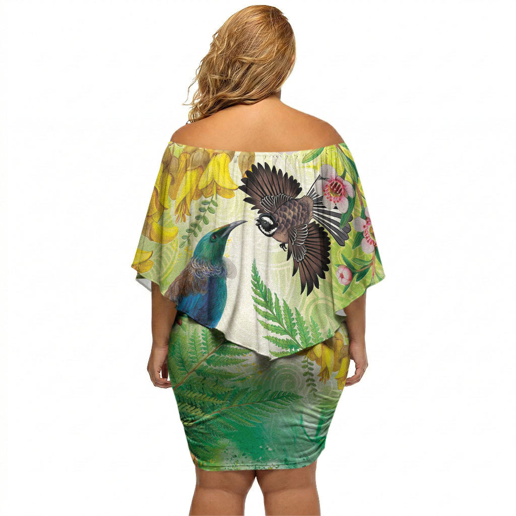 New Zealand Maori Mahuru Off Shoulder Short Dress Tui With Pikawakawa Spring Colors LT7 - Polynesian Pride