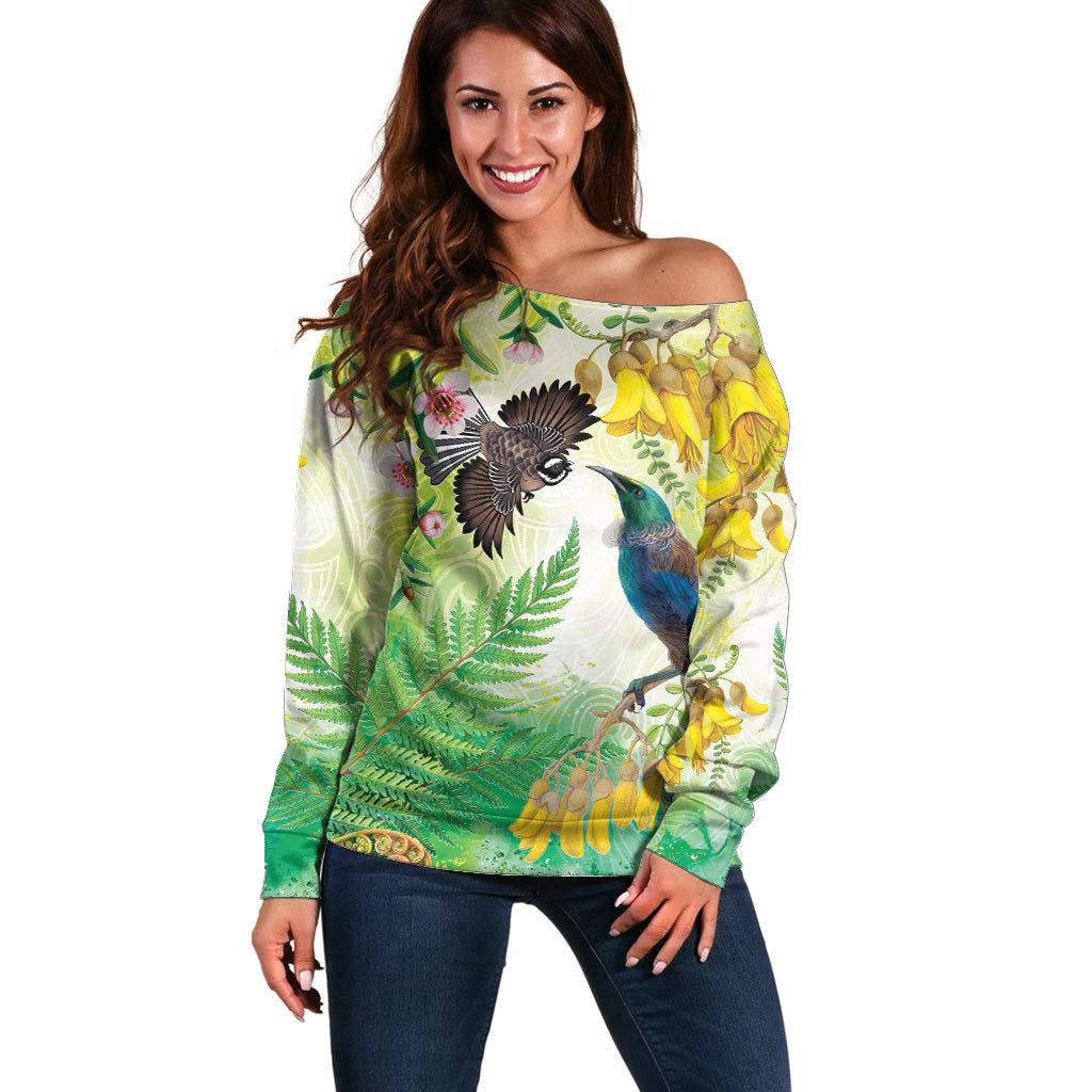 New Zealand Maori Mahuru Off Shoulder Sweater Tui With Pikawakawa Spring Colors LT7 Women Multicolor - Polynesian Pride
