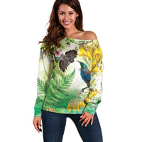 New Zealand Maori Mahuru Off Shoulder Sweater Tui With Pikawakawa Spring Colors LT7 Women Multicolor - Polynesian Pride